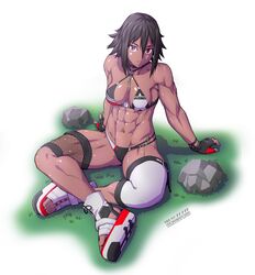  abs bikini bra breasts brown_hair character_request dark-skinned_female dark_skin ebr-kii female fingerless_gloves gloves grass heterochromia highres looking_at_viewer medium_breasts muscular muscular_female obliques panties phantasy_star phantasy_star_online_2 platform_footwear rock sandals shoe_soles sitting solo swimsuit tan toeless_footwear underwear 