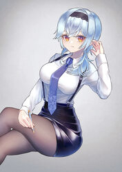  absurdres alternate_costume black_pantyhose blue_hair breasts business_casual collared_shirt commentary_request contemporary crossed_legs eula_(genshin_impact) eyes_visible_through_hair female genshin_impact hair_between_eyes highres holding holding_pen long_sleeves looking_at_viewer medium_hair muitarou necktie office_lady orange_eyes pantyhose pen pencil_skirt shirt sidelocks simple_background sitting skirt solo suspender_skirt suspenders 