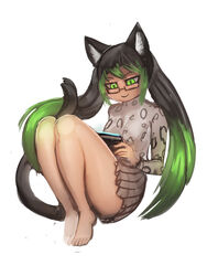  3:4 animal_humanoid barefoot bottomwear breasts cat_humanoid clothing controller digital_media_(artwork) eyewear feet felid felid_humanoid feline feline_humanoid female game_controller general-irrelevant glasses green_eyes hi_res holding_controller holding_game_controller holding_object humanoid mammal mammal_humanoid simple_background skirt smile solo tharkis twintails white_background 