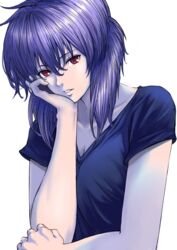  bad_id bad_pixiv_id black_shirt breasts cleavage cyborg expressionless female ghost_in_the_shell hair_between_eyes hands head_rest highres kaijin-m kusanagi_motoko looking_at_viewer medium_breasts parted_lips purple_hair red_eyes shirt short_hair short_sleeves solo t-shirt upper_body white_background 