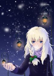  blonde_hair blue_background blue_eyes braid female fino_(jing_king_of_bandits) hair_ornament highres holly jing_king_of_bandits kaijin-m lantern long_hair long_sleeves looking_up night outstretched_hand parted_lips scarf side_braid smile snowing solo white_hair 