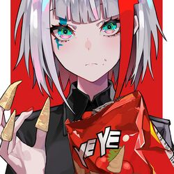  admiral_graf_spee_(azur_lane) admiral_graf_spee_(girl&#039;s_sunday)_(azur_lane) azur_lane bag_of_chips blue_eyes bugles_(food) bugles_on_fingers chips_(food) commentary_request eyebrows facial_mark female fingernails food food_on_face food_on_hand grey_hair head_tilt highres holding lam_(ramdayo) looking_at_viewer multicolored_background multicolored_eyes multicolored_hair nail_polish necktie official_alternate_costume red_hair red_necktie short_hair short_hair_with_long_locks solo two-tone_hair upper_body 