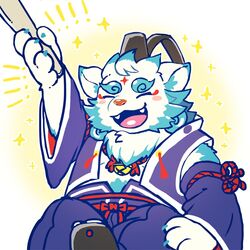  ! !! 1boy agyo_(housamo) animal_ears animal_nose aqua_fur bell closed_eyes commentary_request fangs fangs_out foot_out_of_frame furry furry_male hand_fan hand_up hat hiryuu_(hiryuuuuuuuuu) holding holding_fan japanese_clothes komainu_boy komainu_ears male_focus neck_fur open_mouth shoes smile snout solo sparkle thick_eyebrows tokyo_afterschool_summoners white_background white_fur 