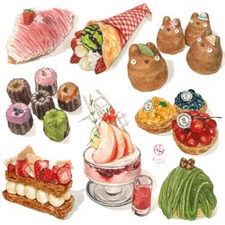  canele cherry cherry_blossoms chocolate_syrup cream crepe croissant food food_art food_focus fruit fruit_tart garnish highres ice_cream ice_cream_crepe kailene mango matcha_(food) mille-feuille mont_blanc_(food) no_humans nut_(food) original pastry peach still_life strawberry sundae tart_(food) tonari_no_totoro totoro 