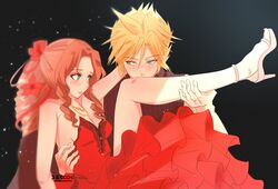  1boy aerith_gainsborough aerith_gainsborough_(red_dress) aqua_eyes arm_around_neck artist_name bare_arms black_background blonde_hair blush breasts brown_hair cleavage cloud_strife d&#039;orsay_heels dress ecco female final_fantasy final_fantasy_vii final_fantasy_vii_remake flamenco_dress flower foot_up green_eyes hair_between_eyes hair_flower hair_ornament hair_ribbon hand_on_another&#039;s_back high_heels highres holding_another&#039;s_leg kissing_leg leg_up long_hair looking_at_another medium_breasts multiple_necklaces official_alternate_costume parted_bangs parted_lips ponytail red_dress red_flower red_ribbon ribbon ringlets short_hair sidelocks spiked_hair straight strapless strapless_dress strappy_heels white_footwear 