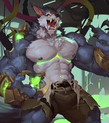  1boy abs bara belt biceps brown_shorts chest_tuft fangs furry furry_male glowing large_pectorals league_of_legends male_focus muscular muscular_male nipples null-ghost pectorals scar_on_shoulder sharp_teeth shorts teeth thick_thighs thighs unfinished veins warwick yellow_eyes zipper 