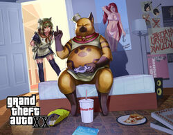  1boy animal_ear_legwear bag_of_chips bed bikini black_dress black_legwear blonde_hair character_request chips_(food) closed_mouth commentary_request cup dart disposable_cup door dress dutch_angle fat fat_man felyne female food full_body furry furry_male grand_theft_auto grand_theft_auto_v green_eyes hentai_kuso_oyaji highres indoors looking_at_another maid manatsu_no_yo_no_inmu medium_hair megafaiarou_(talonflame_810) middle_finger monster_hunter_(series) monster_hunter_xx on_bed open_mouth orange_scarf pizza pizza_box pizza_slice plate playstation_controller poster_(object) red_hair scarf sitting standing swimsuit thighhighs white_bikini 