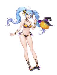  :d ahoge bare_shoulders bikini black_bikini blue_hair bow bracelet breasts choker female full_body hairbow halloween halterneck hand_up hat highleg highleg_bikini highres jack-o&#039;-lantern jewelry king&#039;s_raid korean_commentary layered_bikini long_hair looking_at_viewer medium_breasts multi-strapped_bikini navel official_art open_mouth sandals side-tie_bikini_bottom simple_background smile solo sonia_(king&#039;s_raid) stomach string_bikini swimsuit thighs twintails white_background witch_hat yellow_bikini yellow_eyes 