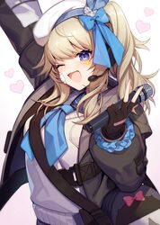  :d arm_up ascot bag bandage_on_face bandages black_gloves blonde_hair blue_ascot blue_bow blue_eyes bow coat commentary_request female fingerless_gloves girls&#039;_frontline girls&#039;_frontline_2:_exilium gloves hairbow headset heart highres holding holding_microphone kinsenka_momi long_hair microphone one_eye_closed open_mouth shoulder_bag side_ponytail smile solo sweater upper_body v vepley_(girls&#039;_frontline_2) 