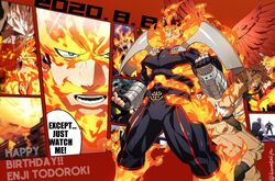  2boys armor back-to-back bara blonde_hair blue_bodysuit blue_eyes bodysuit boku_no_hero_academia bulge collage covered_abs endeavor_(boku_no_hero_academia) english_text facial_hair feathered_wings feet_out_of_frame fire happy_birthday hawks_(boku_no_hero_academia) highres koooogasya large_pectorals legs_apart male_focus mature_male multiple_boys muscular muscular_male pauldrons pectorals red_hair scar scar_across_eye scar_on_face short_hair shoulder_armor sideburns spiked_hair stubble superhero_costume wings 