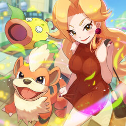  bad_id bad_pixiv_id beauty_(pokemon) blonde_hair blurry blurry_background blush breasts brown_bag brown_dress closed_mouth commentary_request day dress earrings eyelashes falling_leaves female growlithe holding_strap jewelry leaf lipstick long_hair makeup nail_polish outdoors pokemon pokemon_(creature) pokemon_lgpe sleeveless sleeveless_dress smile tom_(pixiv10026189) weepinbell yellow_eyes 