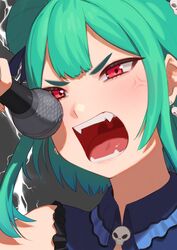  absurdres anger_vein close-up commentary earrings english_commentary fangs female green_hair hair_bun highres holding holding_microphone hololive jewelry lightning_background microphone music open_mouth portrait red_eyes short_hair singing single_hair_bun skull_earrings solo sunna_(nilsunna) teeth uruha_rushia uruha_rushia_(1st_costume) uvula virtual_youtuber 