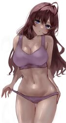  :o absurdres ahoge bad_id bad_twitter_id blue_eyes blush bra breasts cleavage female head_tilt highres ichinose_shiki idolmaster idolmaster_cinderella_girls lamp_p9 long_hair looking_at_viewer medium_breasts navel panties panty_tug pink_bra pink_panties purple_hair simple_background solo stomach sweatdrop underwear underwear_only very_long_hair white_background 