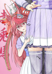  2girls animal_ears bow character_name chinese_text ctn_sasuke flower frilled_skirt frills genderswap_(mtf) hair_ornament height_difference highres hokuto_no_ken horse_ears horse_girl kokuoh_(hokuto_no_ken) long_hair lotus medium_request multiple_girls personification pleated_skirt puffy_short_sleeves puffy_sleeves purple_legwear purple_shirt purple_skirt red_bow red_eyes red_hair red_hare romance_of_the_three_kingdoms rule_63 sailor_collar sailor_shirt shirt short_sleeves skirt summer_uniform thighhighs translated umamusume very_long_hair white_skirt winter_uniform zettai_ryouiki 