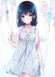  a20_(atsumaru) absurdres angel_wings backpack bag bandage_on_face bandaged_arm bandaged_hand bandaged_leg bandaged_wings bandages black_bra black_hair blue_eyes blush bra bra_strap breasts carrying_bag choker collarbone commentary_request cross cross_necklace dress expressionless fake_wings female hair_ornament hairclip highres intravenous_drip jewelry looking_at_viewer necklace original parted_lips pink_bag simple_background sleeveless sleeveless_dress small_breasts solo standing underwear white_background white_dress wings 