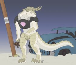  2020 anthro armor car claws colored deathclaw detailed_background fallout gradient_background grass hi_res horn male microsoft plant plushie pole red_eyes rock rust sand scales scalie signature simple_background solo spikes vehicle white_body wolfarion 