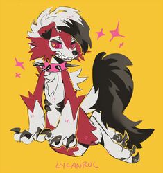  2016 ambiguous_gender anthro avoid_posting black_claws canid canine cheek_tuft claws collar english_text facial_tuft fluffy fluffy_tail fur generation_7_pokemon hair half-closed_eyes lycanroc mammal midnight_lycanroc murkbone narrowed_eyes nintendo pokemon pokemon_(species) red_body red_eyes red_fur red_sclera sharp_teeth simple_background sitting spiked_collar spikes tail teeth text toe_claws tuft white_body white_fur white_hair yellow_background 