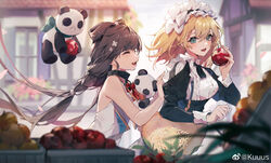  2girls apple blonde_hair blue_eyes braid braided_ponytail brown_hair centaureissi_(neural_cloud) chanzhi_(neural_cloud) chinese_commentary closed_eyes commentary_request food fruit g36_(girls&#039;_frontline) girls&#039;_frontline girls&#039;_frontline_neural_cloud hair_ornament highres holding holding_food holding_fruit juliet_sleeves kuuus long_hair long_sleeves maid maid_headdress medium_hair multiple_girls open_mouth puffy_sleeves qbu-88_(girls&#039;_frontline) sleeveless smile stuffed_animal stuffed_panda stuffed_toy upper_body weibo_watermark 