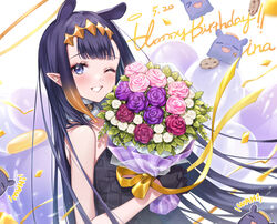  bangs black_gloves blue_eyes blunt_bangs bouquet character_name clenched_teeth dark_blue_hair female flower fur_choker gloves happy_birthday headpiece highres holding holding_bouquet hololive hololive_english long_hair looking_at_viewer mole mole_under_eye ninomae_ina&#039;nis one_eye_closed pink_flower pointy_ears purple_flower ribbon shiao smile solo tako_(ninomae_ina&#039;nis) teeth tentacle_hair upper_body virtual_youtuber white_flower yellow_ribbon 