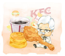  1boy beard black_eyes chicken_(food) colonel_sanders commentary_request eating facial_hair food fried_chicken glasses kfc maiko_(hyoppo244) male_focus mini_person miniboy moustache old old_man sitting solo white_hair 