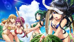  4girls ayato_utae bare_shoulders bikini black_hair blindfold blonde_hair blue_eyes blue_sky blush bokken breasts cleavage cloud cloudy_sky collarbone commentary_request day dolphin_wave earrings flower food fruit green_eyes hagane_otsuki harunami_anri highres holding jewelry kurenashi_yuuri large_breasts long_hair multiple_girls navel necklace o-ring o-ring_bikini official_art one_eye_closed ootomo_takuji open_mouth outdoors palm_tree parted_lips ponytail purple_eyes sharp_teeth shiny_skin sky slashing smile stomach sunlight sweat sweatdrop swimsuit sword teeth thighs tree watermelon weapon wooden_sword yellow_eyes 