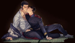  2boys ainu_clothes bara beard black_hair blue_jacket blue_pants blush brown_eyes buttons buzz_cut chest_hair collared_jacket commentary facial_hair full_body goatee golden_kamuy hairy imperial_japanese_army jacket kissing koooogasya long_sideburns long_sleeves male_focus military military_uniform multiple_boys muscular muscular_male ogata_hyakunosuke open_clothes open_shirt pants pectoral_cleavage pectorals short_hair sideburns simple_background sitting smirk socks stubble symbol-only_commentary tanigaki_genjirou thick_eyebrows thick_thighs thighs tight_clothes tight_pants uniform very_short_hair yaoi 