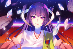  :d blurry blurry_background commentary detached_sleeves featherine_augustus_aurora female highres higurashi_no_naku_koro_ni japanese_clothes kimono long_hair looking_at_viewer nakayama_yuuji open_mouth pink_sleeves portrait purple_eyes purple_hair red_ribbon ribbon ribbon-trimmed_sleeves ribbon_trim sleeveless sleeveless_kimono smile solo straight_hair white_kimono 