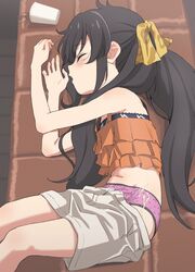  ahoge black_hair camisole cum cum_on_body cum_on_clothes drugged female frilled_camisole frills highres idolmaster idolmaster_cinderella_girls implied_drugging long_hair matoba_risa navel panties shorts sidelocks sincos sleeping twintails underwear 