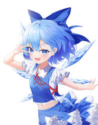  :d adapted_costume arm_up blue_bow blue_eyes blue_hair blue_skirt blue_vest blush bow breasts cirno commentary_request cowboy_shot female hair_behind_ear hair_between_eyes highres ice ice_wings ju-ok looking_at_viewer midriff navel neck_ribbon oerba_yun_fang open_mouth partial_commentary petticoat red_ribbon ribbon short_hair simple_background skin_fang skirt small_breasts smile solo touhou v_over_eye vest white_background wing_collar wings 