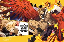  2boys armor ass back-to-back bara blonde_hair blue_bodysuit blue_eyes bodysuit boku_no_hero_academia bulge collage covered_abs endeavor_(boku_no_hero_academia) english_text facial_hair feathered_wings feet_out_of_frame fire happy_birthday hawks_(boku_no_hero_academia) headphones highres jacket koooogasya large_pectorals legs_apart male_focus multiple_boys muscular muscular_male pauldrons pectorals red_hair scar scar_across_eye scar_on_face short_hair shoulder_armor smile spiked_hair stubble superhero_costume thick_thighs thighs wings 