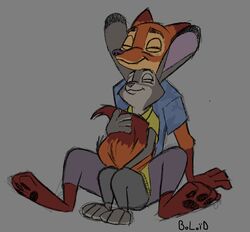  anthro boloid canid canine clothing cuddling cuddling_tail disney duo european_rabbit female flat_colors fox fur hi_res judy_hopps lagomorph leporid male male/female mammal multicolored_body multicolored_fur nick_wilde oryctolagus predator/prey rabbit red_fox simple_background snout_between_ears true_fox two_tone_body two_tone_fur zootopia 