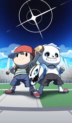  2boys baseball_bat blue_eyes bone commentary cosplay gasterblaster hat highres hood jacket looking_at_viewer male_focus mask mother_(game) mother_2 multiple_boys ness_(mother_2) phiphi-au-thon sans_(undertale) sans_(undertale)_(cosplay) skeleton smile super_smash_bros. undertale weapon 