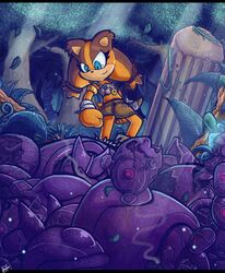  2014 anthro avoid_posting badger blue_eyes clothing detailed_background evenytron female machine mammal mustelid musteline plant robot sega smile sonic_boom sonic_the_hedgehog_(series) sticks_the_jungle_badger tree 