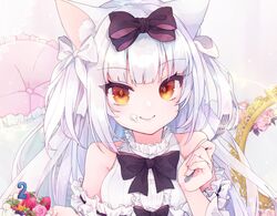  animal_ears anthro azur_lane bow cake catgirl close cropped flowers food fruit long_hair mirror orange_eyes ribbons rose shichijou_natori strawberry white_hair yukikaze_(azur_lane) 