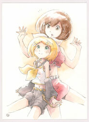  2girls :o ^^^ alternate_hairstyle arm_warmers bare_shoulders belt black_sailor_collar black_shorts black_sleeves blonde_hair blue_eyes bow brown_eyes brown_hair commentary cowboy_shot crop_top epoxy_putty hair_ornament hairbow hairclip hands_up kagamine_rin looking_at_another looking_down looking_up meiko_(vocaloid) midriff miniskirt multiple_girls navel neckerchief open_mouth red_shirt red_skirt sailor_collar school_uniform shirt short_hair short_shorts shorts skirt sleeveless sleeveless_shirt smile stomach surprised swept_bangs traditional_media vocaloid white_bow white_shirt yellow_neckerchief 