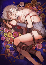  barefoot bed blush braid brown_eyes feet female flower funa2001 happy highres kaine_(nier) legs lingerie nier nier_(series) panties ribbon smile solo thigh_strap toes underwear veil white_hair 