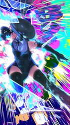  1boy black_dress black_gloves black_ribbon bomb_devil_(chainsaw_man) boots broken_glass chainsaw_man denji_(chainsaw_man) dress female glass gloves highres multicolored_background neck_ribbon nuclear_weapon protected_link reflection reze_(chainsaw_man) ribbon solo_focus teeth thigh_gap toyaboku 