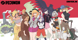  1boy 6+girls @_@ absurdres alice_margatroid animal_ears asatsuki_(cookie) backpack bag bea_(pokemon) bea_(pokemon)_(cosplay) black_bodysuit black_choker black_hairband black_jacket black_shirt blonde_hair bodysuit bodysuit_under_clothes bow bow_hairband braid breasts brown_bag brown_pants buttons cable_knit cardigan choker cigarette cinderace cleavage closed_mouth coin coin_on_string collared_dress collared_shirt commentary_request cookie_(touhou) corviknight cosplay crossed_arms dark-skinned_female dark_skin dress dynamax_band eevee eevee_(cosplay) excadrill feet_out_of_frame fingernails frilled_hair_tubes frills genderswap_(ftm) gloria_(pokemon) gloria_(pokemon)_(cosplay) gloves green_eyes green_headwear grey_cardigan grey_hair grin hair_between_eyes hair_ribbon hair_tubes hairband hairbow hakurei_reimu hard_hat hat helmet highres hisui_(cookie) holding holding_poke_ball hooded_cardigan hypno hypno_(cosplay) jacket kirisame_marisa konpaku_youmu large_breasts long_hair looking_afar looking_at_another looking_at_viewer looking_down looking_to_the_side marnie_(pokemon) marnie_(pokemon)_(cosplay) mars_(cookie) medium_breasts megafaiarou_(talonflame_810) miniskirt multiple_girls nail_polish one_eye_closed open_clothes open_jacket open_mouth otoko_no_ko pants partially_fingerless_gloves patchouli_knowledge pink_dress poke_ball pokemon pokemon_(creature) pokemon_swsh print_shirt print_shorts purple_hair rabbit_ears rabbit_girl red_background red_eyes red_ribbon rei_(cookie) reisen_udongein_inaba ribbon rule_63 sakuranbou_(cookie) sananana_(cookie) scorbunny scorbunny_(cosplay) shirt short_hair short_sleeves shorts shovel side_braid single_braid single_glove sirfetch&#039;d skirt sleeveless sleeveless_shirt smile smoking taisa_(cookie) tam_o&#039;_shanter tan toned touhou twintails tyranitar ultra_ball weezing white_background worker_(pokemon) worker_(pokemon)_(cosplay) yellow_eyes yellow_gloves yellow_pants 