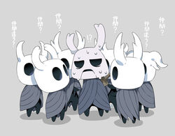  !? 1boy 6+others ? arizuka_(catacombe) cloak commentary full_body grey_background grey_cloak hollow_eyes hollow_knight hollow_knight_(character) horns knight_(hollow_knight) life_ender_(hollow_knight) looking_at_another looking_at_viewer multiple_others nail_(hollow_knight) no_humans open_mouth simple_background standing sweatdrop sword translated weapon wooden_sword zote 