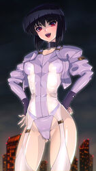  :d black_choker black_hair blurry blurry_background bob_cut choker cityscape cloud cloudy_sky cowboy_shot dark_clouds female fingerless_gloves ghost_in_the_shell gloves hands_on_own_hips highleg highleg_leotard highres jacket kemurin kusanagi_motoko leotard long_sleeves looking_down multicolored_eyes night open_mouth pink_eyes purple_jacket red_eyes see-through shiny_skin short_hair sky smile solo standing teeth thighhighs white_thighhighs 