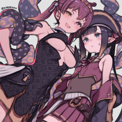  2girls armpits bare_shoulders blunt_bangs blush breasts cleavage cosplay costume_switch cropped_jacket heterochromia hololive hololive_english houshou_marine houshou_marine_(1st_costume) houshou_marine_(cosplay) jacket kuroboshi_kouhaku large_breasts leotard leotard_under_clothes long_hair looking_at_viewer multiple_girls ninomae_ina&#039;nis ninomae_ina&#039;nis_(1st_costume) ninomae_ina&#039;nis_(cosplay) open_mouth pointy_ears purple_eyes purple_hair red_eyes red_hair red_jacket sleeveless sleeveless_jacket small_breasts smile virtual_youtuber yellow_eyes 