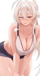  ahoge bare_shoulders black_shorts blush breasts brown_eyes cleavage female highres iwbitu large_breasts leaning_forward long_hair nyopu one_eye_closed original parted_lips ponytail short_shorts shorts sidelocks smile solo sports_bra sportswear sweat thick_thighs thighs white_hair white_sports_bra 