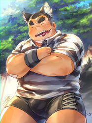  1boy animal_ear_fluff animal_ears bandaid bandaid_on_arm bandaid_on_face bara black_fire black_hair black_wristband bulge buzz_cut closed_eyes collared_shirt commentary_request cowboy_shot cross-laced_clothes cross-laced_shorts crossed_arms daihukudokoro fire highres huge_eyebrows infernal_trickster_(housamo) male_focus mouth_trail open_mouth outdoors plump shirt short_hair short_shorts shorts signature smile solo striped_clothes striped_shirt tail tokyo_afterschool_summoners very_short_hair wolf_ears wolf_tail 