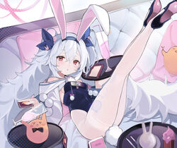  :&lt; absurdres animal_ear_hairband animal_ears azur_lane black_footwear blue_bow blue_hairband blue_leotard bow breasts cocktail commentary fake_animal_ears fake_tail female fine_fabric_emphasis grey_hair hair_between_eyes hairband hairbow high_heels highleg highleg_leotard highres holding holding_tray laffey_(azur_lane) laffey_ii_(azur_lane) laffey_ii_(sleepy_on_a_busy_day)_(azur_lane) legs legs_up leotard long_hair long_legs looking_at_viewer low_twintails lying manjuu_(azur_lane) official_alternate_costume on_back pantyhose rabbit_ears rabbit_tail red_eyes small_breasts solo tail thighband_pantyhose tray triangle_mouth twintails very_long_hair white_pantyhose yuhezi 