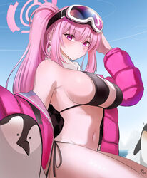  absurdres animal bikini bird black_bikini blue_archive blush breasts closed_mouth eimi_(blue_archive) eimi_(swimsuit)_(blue_archive) female gangbyeon goggles goggles_on_head halo highres jacket large_breasts long_hair long_sleeves navel official_alternate_costume official_alternate_hairstyle open_clothes open_jacket penguin pink_eyes pink_hair pink_halo pink_jacket ponytail solo swimsuit very_long_hair 