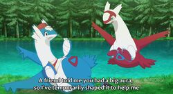  2023 after_transformation ambiguous_gender blue_body blue_markings brown_eyes clothing dialogue duo english_text fake_screencap female_(lore) floating footwear forest forest_background generation_3_pokemon grass greenery hat head_tuft headgear headwear hi_res jacket lake latias latios legendary_pokemon looking_at_another looking_worried male_(lore) markings nature nature_background nintendo on_model on_style open_mouth plant pokemon pokemon_(anime) pokemon_(species) questionable_consent red_body red_clothing red_hat red_headwear red_markings satoshi_(pokemon) shirt shoes shrub style_emulation subtitled text topwear transformation tree tuft watermark white_body wings zatedraw 