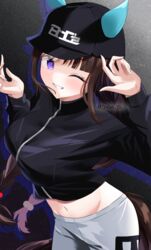  absurdres animal_ears baseball_cap black_hat blunt_bangs boc&#039;z_(umamusume) braid breasts brown_hair cowboy_shot crop_top cropped_jacket ear_covers female from_above grey_pants hat high_collar highres hokko_tarumae_(boc&#039;z)_(umamusume) hokko_tarumae_(umamusume) horse_ears horse_girl looking_at_viewer lryutanl midriff multicolored_hair navel official_alternate_costume pants smile solo streaked_hair sweatpants twin_braids twitter_username two-tone_hair umamusume watermark white_hair 