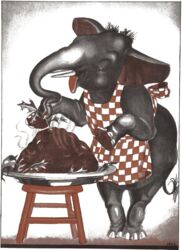  1938 20th_century absurd_res ancient_art anthro apron apron_only clothing dessert elephant elephantid eyes_mostly_closed female flat_chested food furniture grey_body hi_res hooves jean_mcconnell leaning leaning_forward little_elephant mammal mature_female mother_elephant_(little_elephant) narrowed_eyes official_art open_mouth plate proboscidean pudding red_eyes semi-anthro simple_background solo standing stool tail tail_tuft traditional_media_(artwork) trunk tuft tusks white_background 