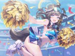  ahoge animal_ears arm_tattoo bare_arms black_hair blue_archive blue_eyes blush breasts cheerleader confetti crop_top dog_ears dog_girl dog_tail female from_side gesoking goggles goggles_on_head halo hibiki_(blue_archive) hibiki_(cheer_squad)_(blue_archive) highres holding holding_pom_poms long_hair looking_at_viewer millennium_cheerleader_outfit_(blue_archive) miniskirt official_alternate_costume open_mouth outdoors pom_pom_(cheerleading) ponytail shoes sidelocks skirt solo stadium sweat tail tattoo yellow_halo 