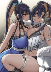  :d arm_strap bare_shoulders black_hair black_necktie blue_dress blue_eyes blush breasts brown_hair dark-skinned_female dark_skin dress dual_persona earrings female from_side goddess_of_victory:_nikke hair_between_eyes hair_ornament hairclip highres jacket jewelry large_breasts long_hair looking_at_viewer multicolored_hair navel necktie noise_(classic_diva)_(nikke) noise_(nikke) official_alternate_costume open_mouth parted_lips ponytail ring sky-freedom smile striped_clothes thigh_strap thighs two-tone_hair vertical-striped_clothes vertical-striped_necktie white_jacket 